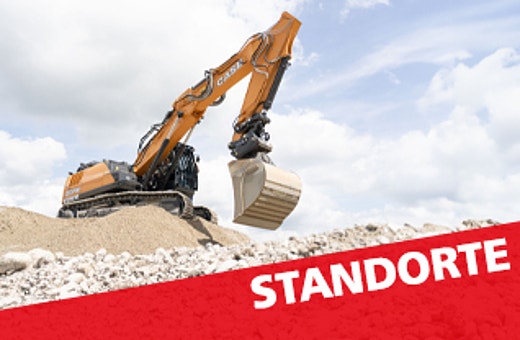 CASE Kettenbagger arbeitet auf einer Kiesgrube und hebt mit seiner Schaufel Material