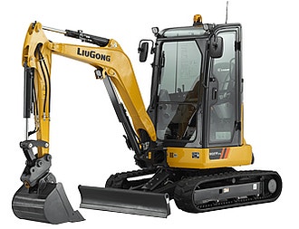 LiuGong Minibagger in Gelb mit geschlossener Fahrerkabine, Gummiketten und Planierschild