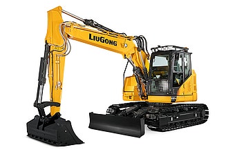 gelber LiuGong Raupenbagger mit Kabine, Planierschild und robuster Grabeschaufel