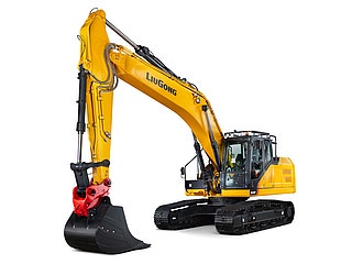 gelber LiuGong Raupenbagger mit rotem Schnellwechsler und großer Grabeschaufel