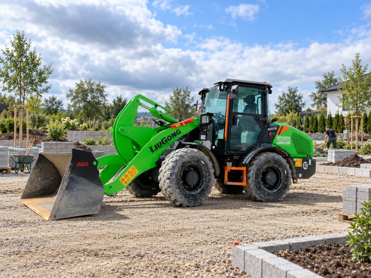LiuGong 820TE auf einer GaLaBau Baustelle. Kiesboden und Pflanzen im Hintergrund